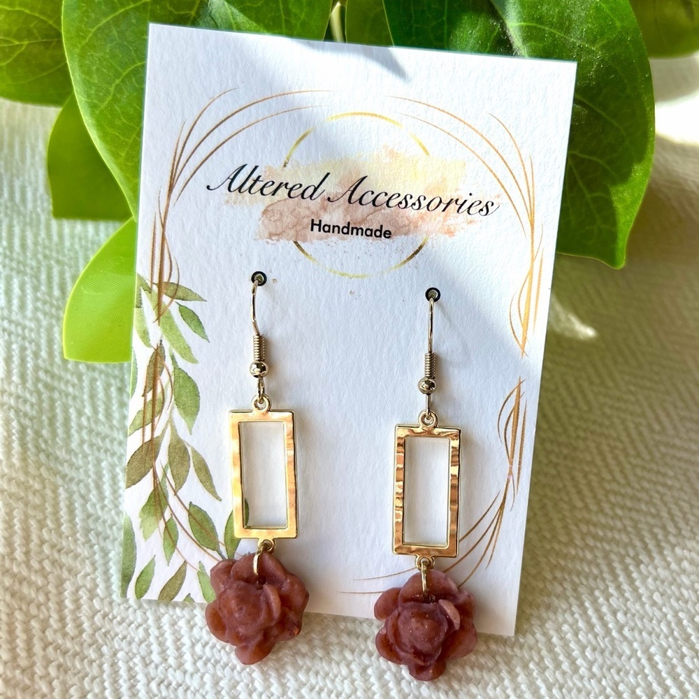 2/$30 Gold and Brown Rose Dangle Earrings
